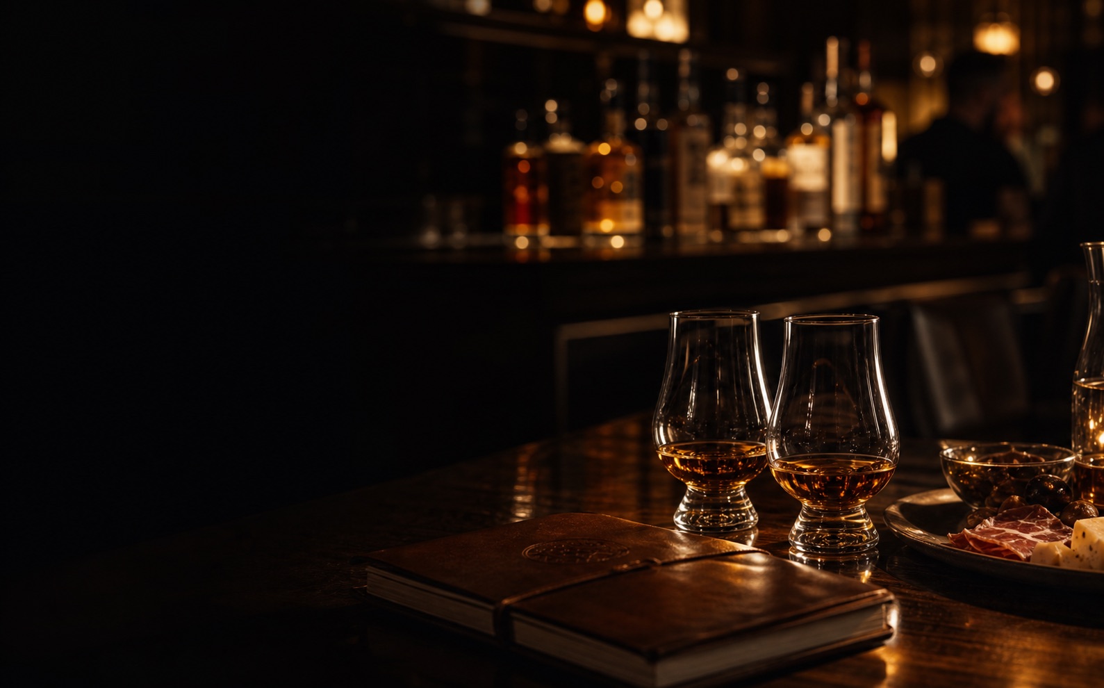 Barnett's Whiskey House atlas chapter table with whiskey and light