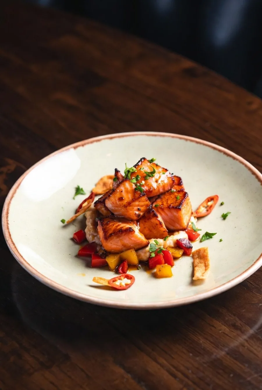 Hot Honey Salmon with smoked gouda grits