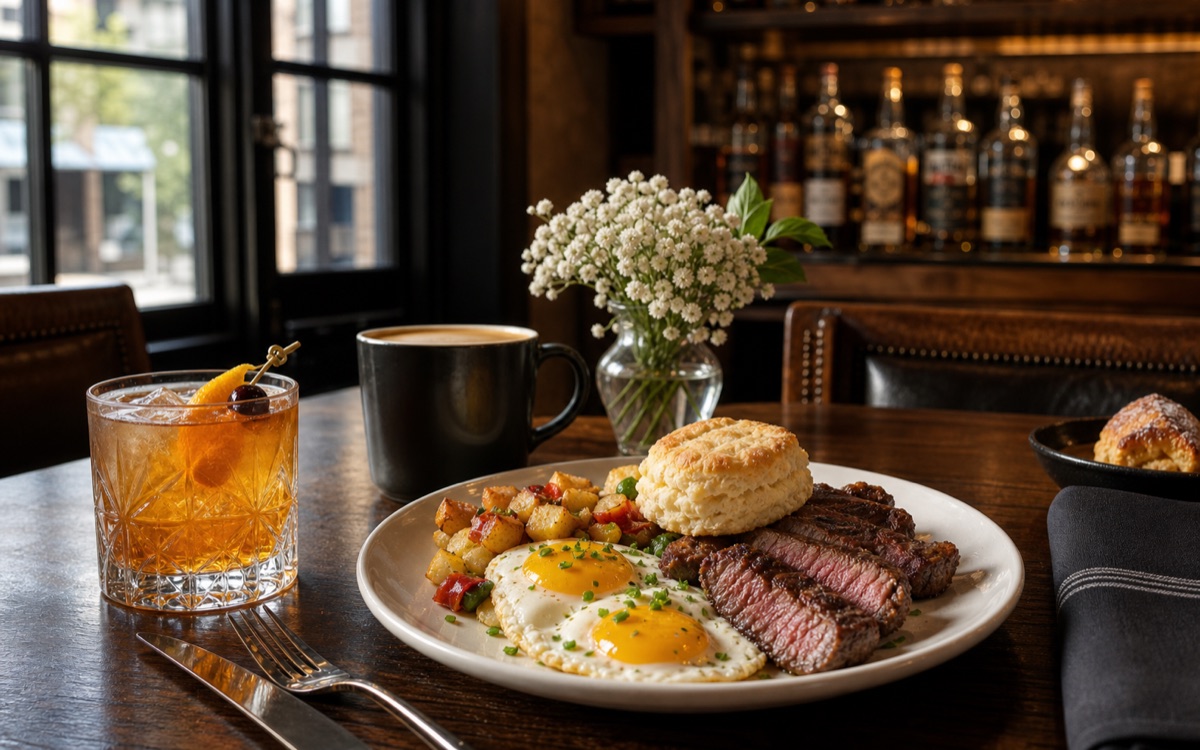 Brunch plate with coffee and a cocktail at Barnett's Whiskey House
