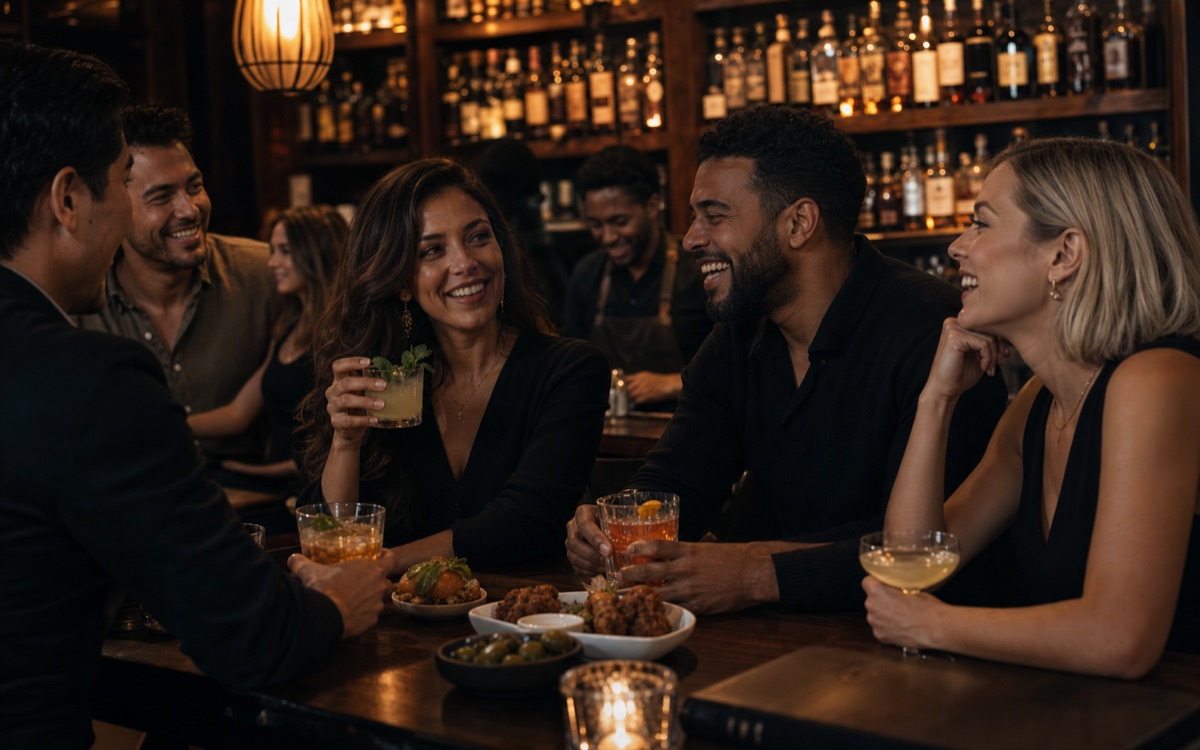 Friends enjoying happy hour cocktails at Barnett's Whiskey House